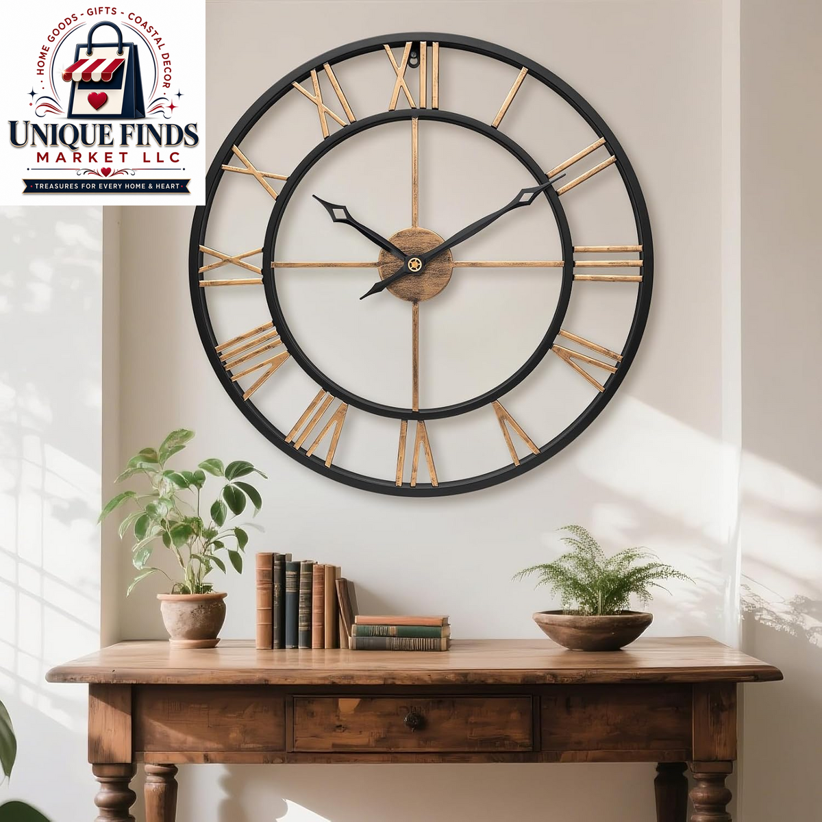 16-Inch Vintage Gold Metal Wall Clock with Roman Numerals