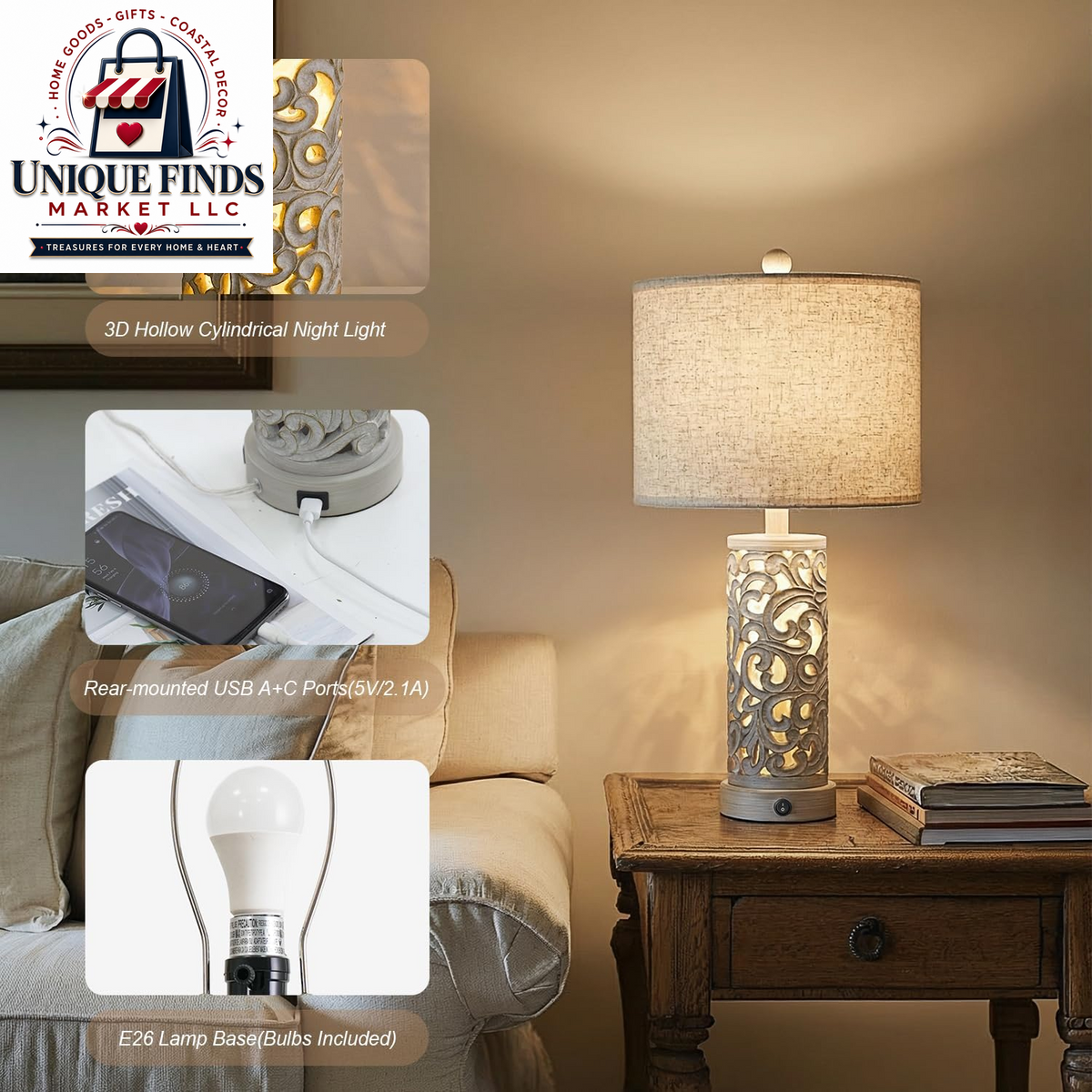 Set of 2 OYEARS 22-Inch Distressed Grey Bedside Table Lamps with Night Light