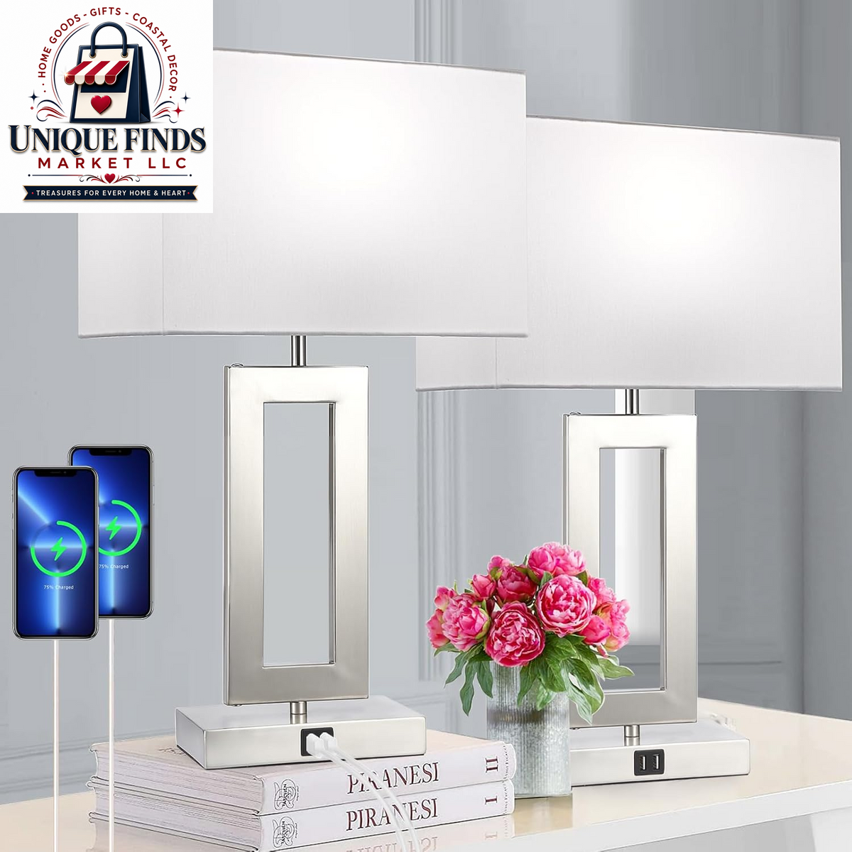 Set of 2 Modern 22'' Black and Gold Touch Control Table Lamps with USB Ports, 3-Way Dimmable Function and LED Bulbs Included, Ideal for Bedrooms and Living Room End Tables
