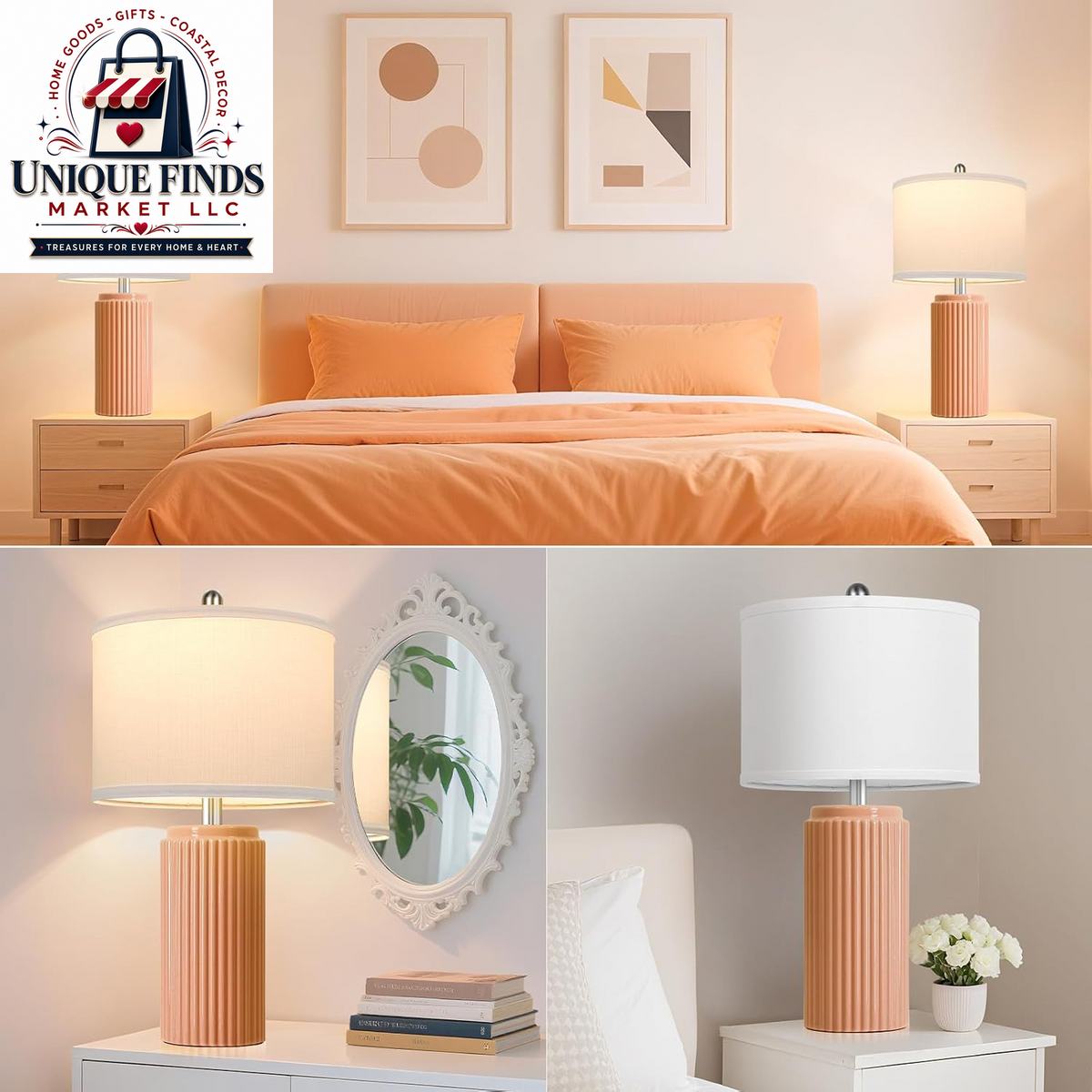 Set of 2 Modern 23.5’’ Orange Ceramic Table Lamps with White Shades for Bedroom and Living Room, Retro Farmhouse Design for Home Office and Dorm End Tables
