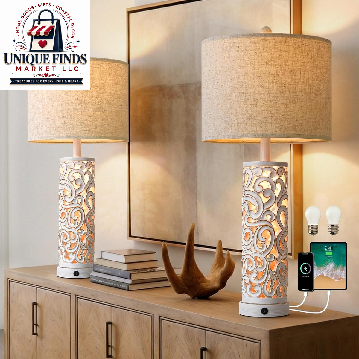 Set of 2 OYEARS 22-Inch Distressed Grey Bedside Table Lamps with Night Light