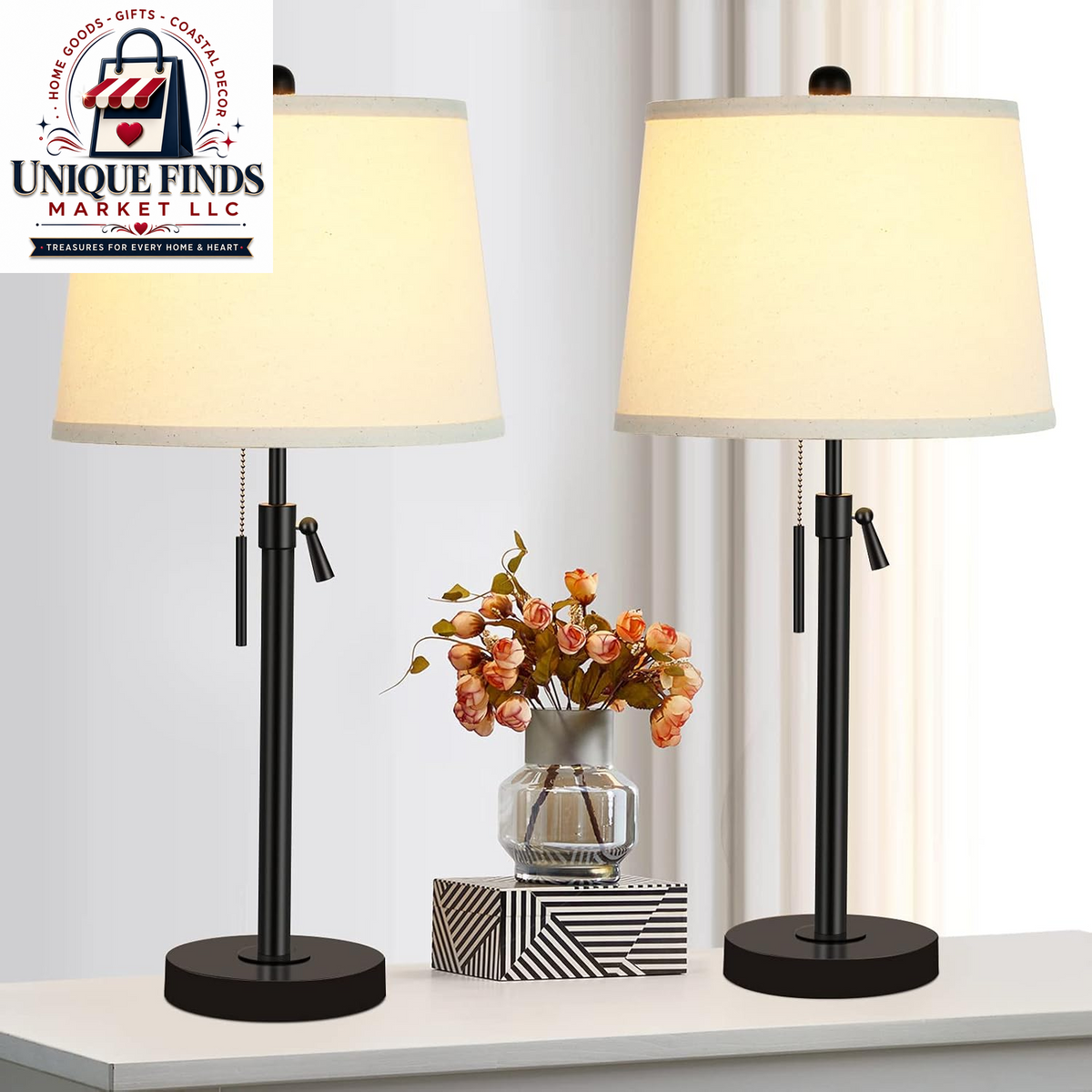 Set of 2 Adjustable Height Black Bedside Table Lamps: Modern 3-Way Dimmable Nightstand Lighting with Pull Chain Switch for Living Room and Office (Bulbs Included)