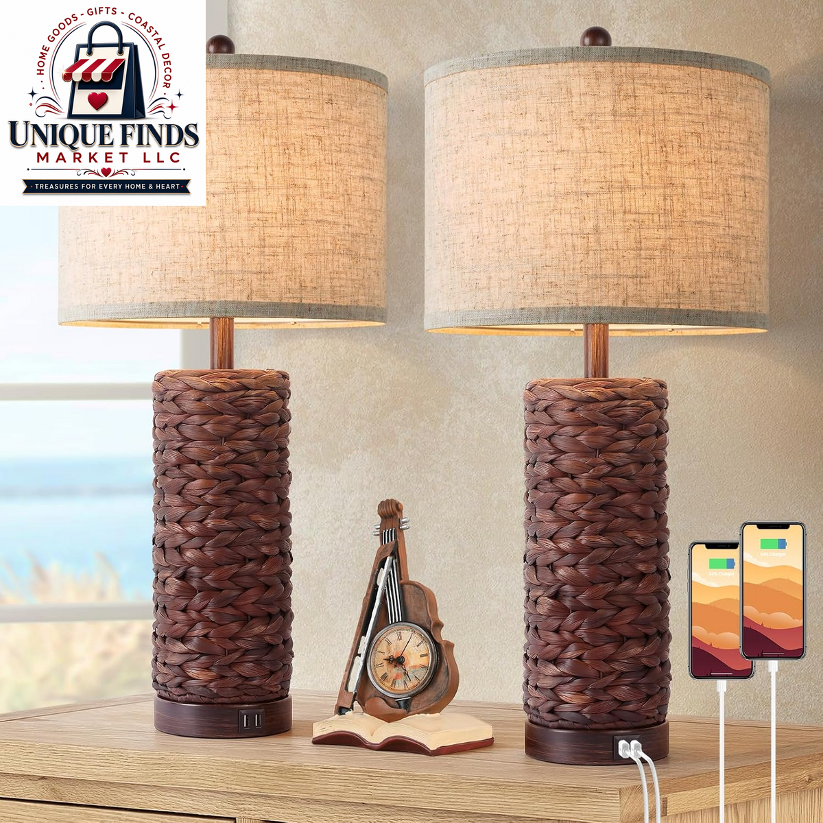 Set of 2 27-Inch Tall Rattan Table Lamps with USB Charging Ports, Boho Farmhouse Woven Seagrass Bedside Lighting for Living Room and Bedroom, E26 Socket, Cream Shade