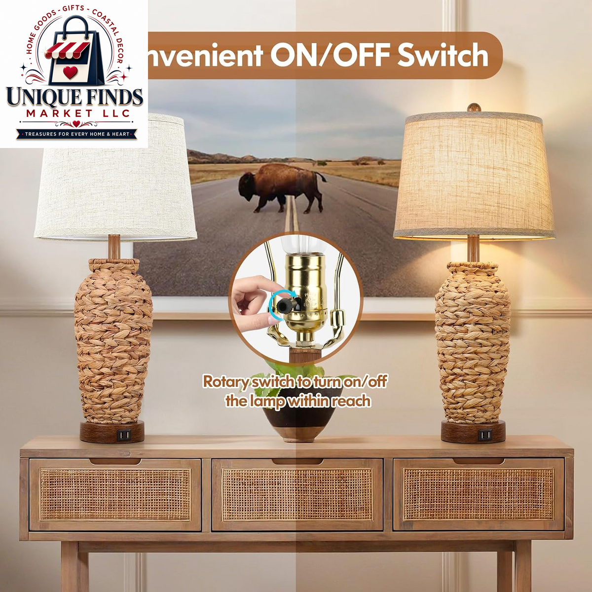 Set of 2 27-Inch Tall Rattan Table Lamps with USB Charging Ports, Boho Farmhouse Woven Seagrass Bedside Lighting for Living Room and Bedroom, E26 Socket, Cream Shade