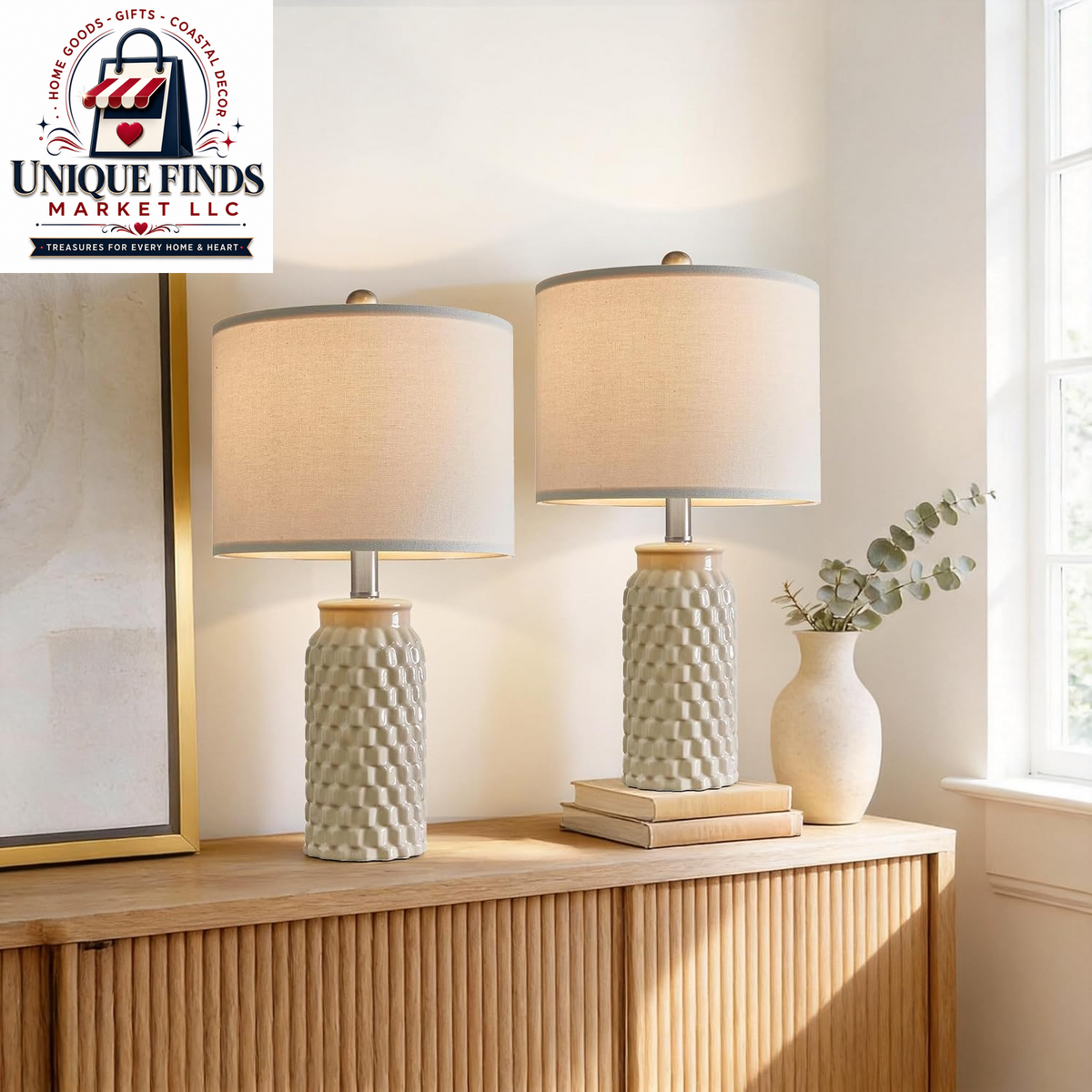 Usumkky 20.5-Inch Ceramic Table Lamp Set of 2 - Modern Farmhouse and Boho Design, Ideal for Bedroom Nightstands and Living Room End Tables, Compact Desk Lamps in Cream
