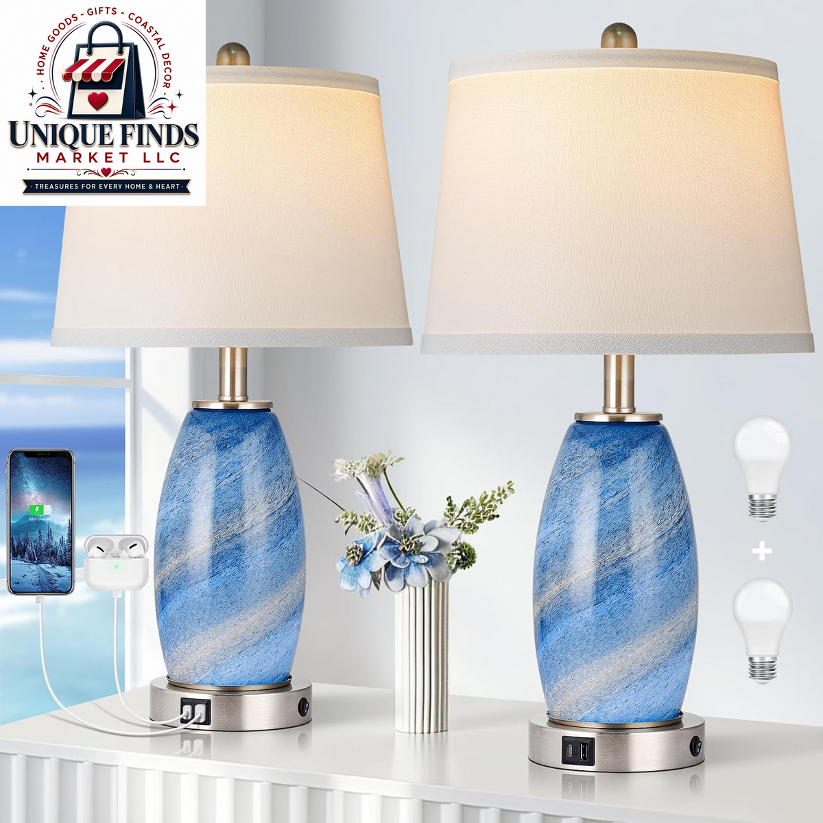 Lovlast 29-Inch Coastal Glass Table Lamp Set of 2 for Bedroom and Living Room
