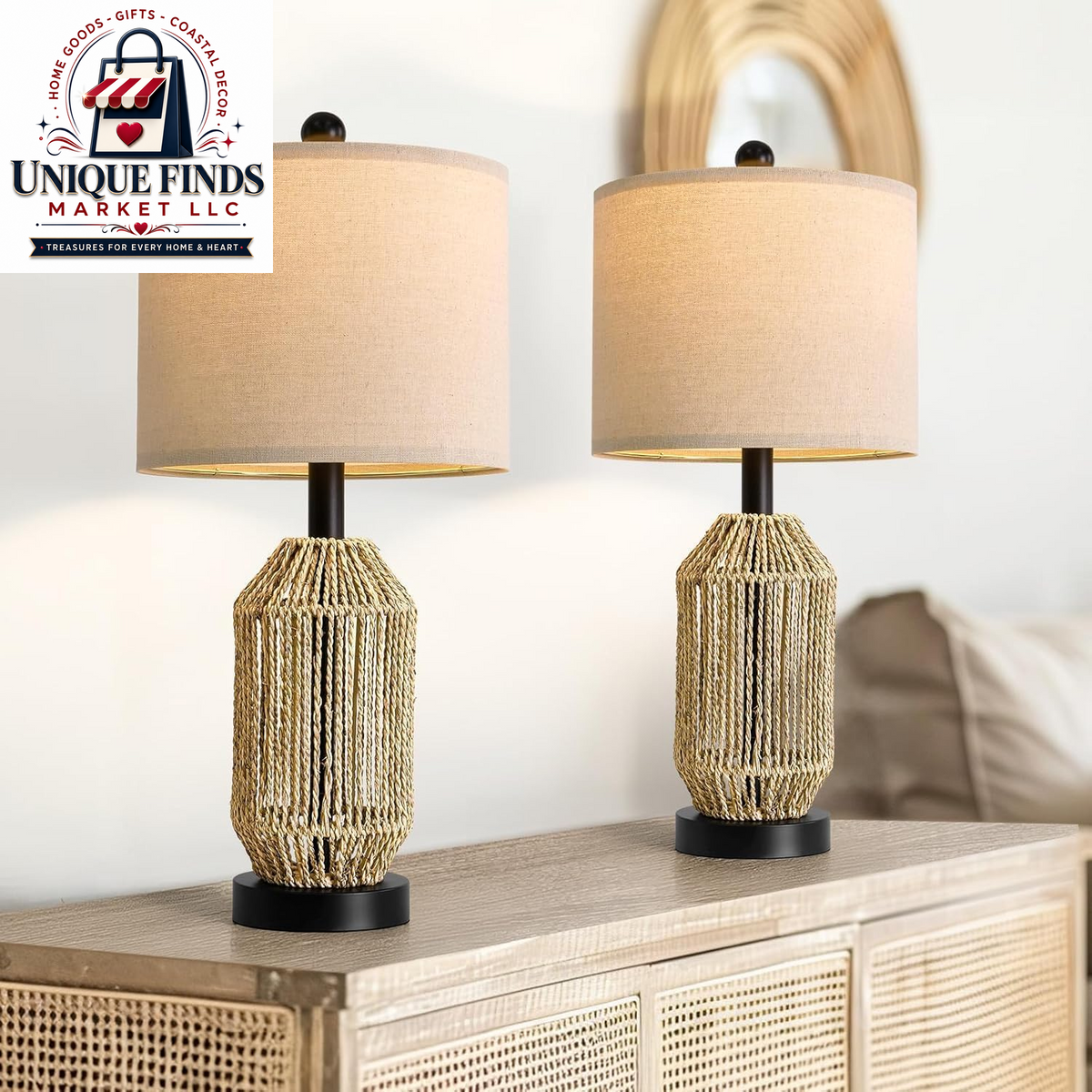 OYEARS 21" Bohemian Table Lamp Set of 2 for Living Room and Bedroom, Rattan Design for Nightstands and End Tables, Rustic Brown Farmhouse Decor