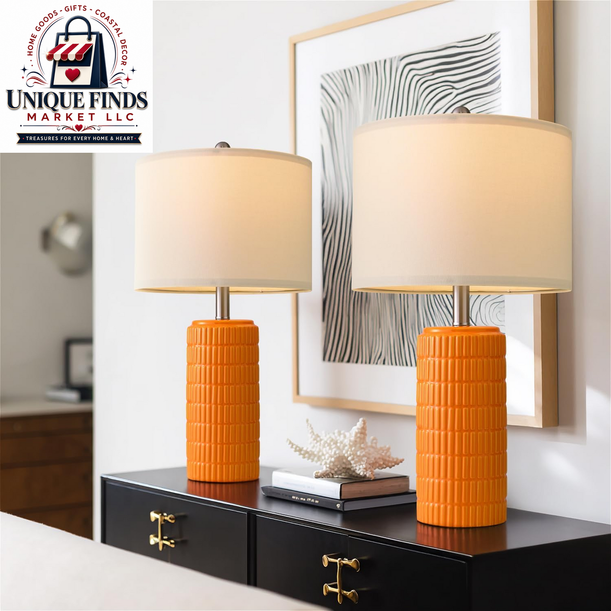Pokat Set of 2 Modern 23" Orange Ceramic Table Lamps for Living Room and Bedroom Decor