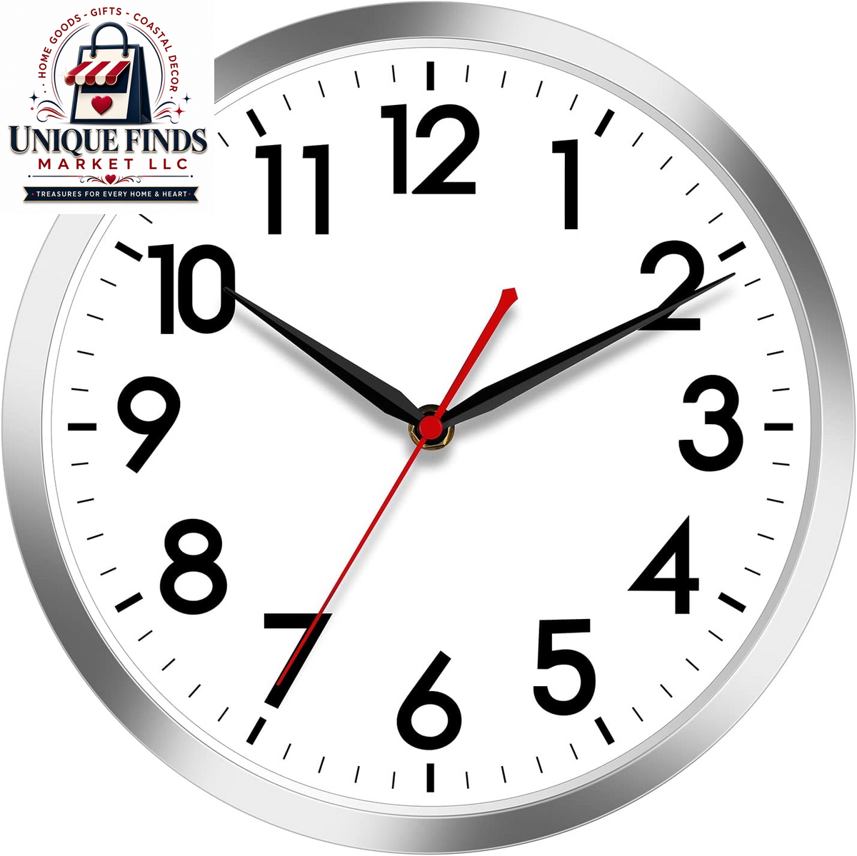 AKCISOT 12-Inch Silent Battery-Operated Analog Wall Clock in Silver