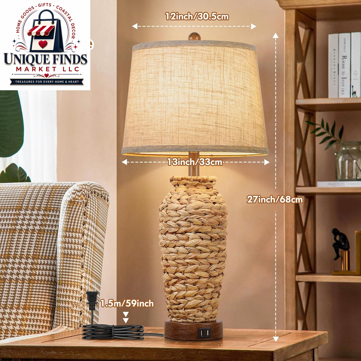 Set of 2 27-Inch Tall Rattan Table Lamps with USB Charging Ports, Boho Farmhouse Woven Seagrass Bedside Lighting for Living Room and Bedroom, E26 Socket, Cream Shade