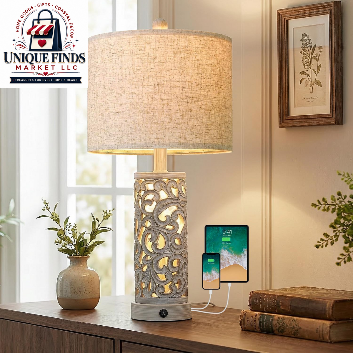 Set of 2 OYEARS 22-Inch Distressed Grey Bedside Table Lamps with Night Light
