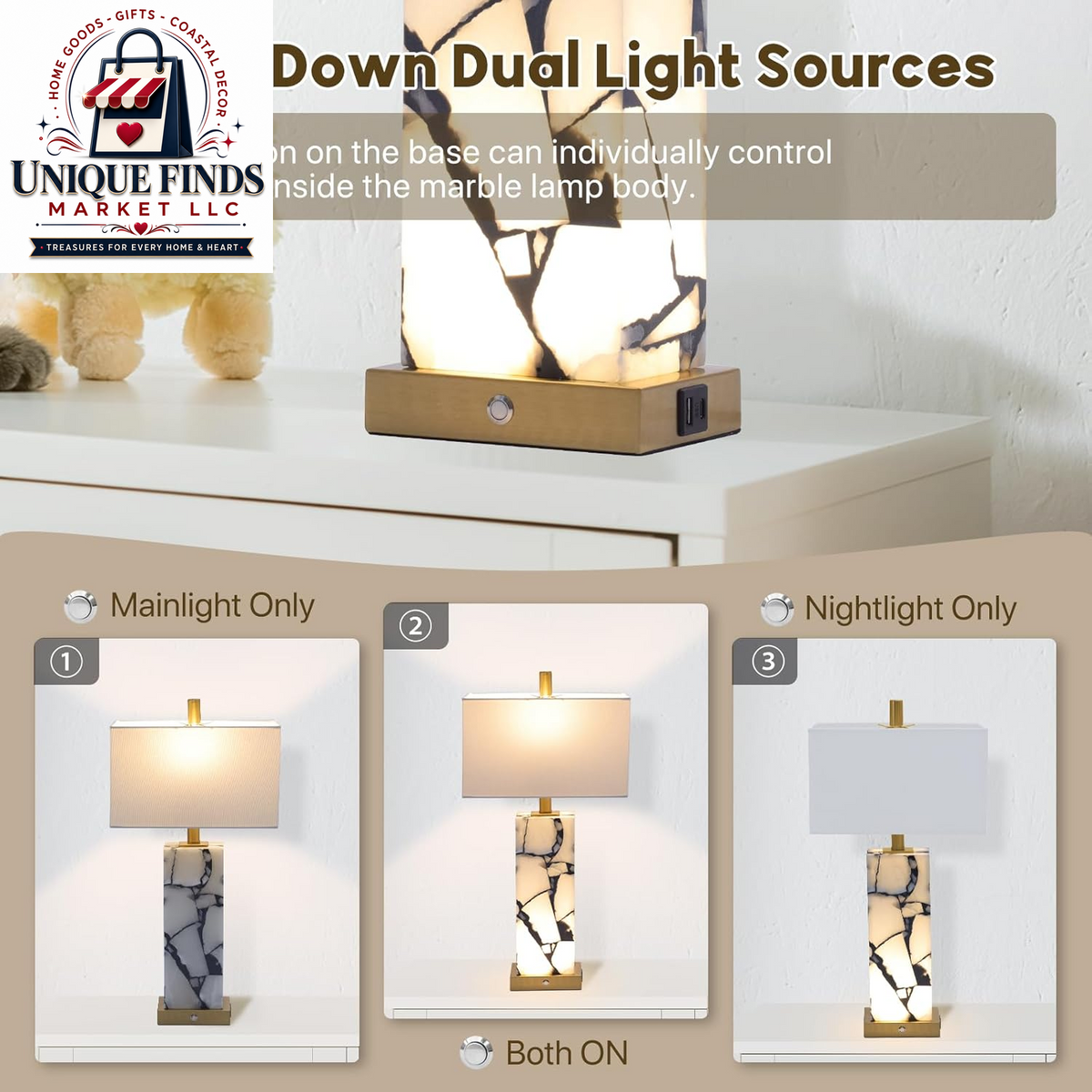 Set of 2 Alabaster Table Lamps with Nightlight - 25.7" Natural Marble Design