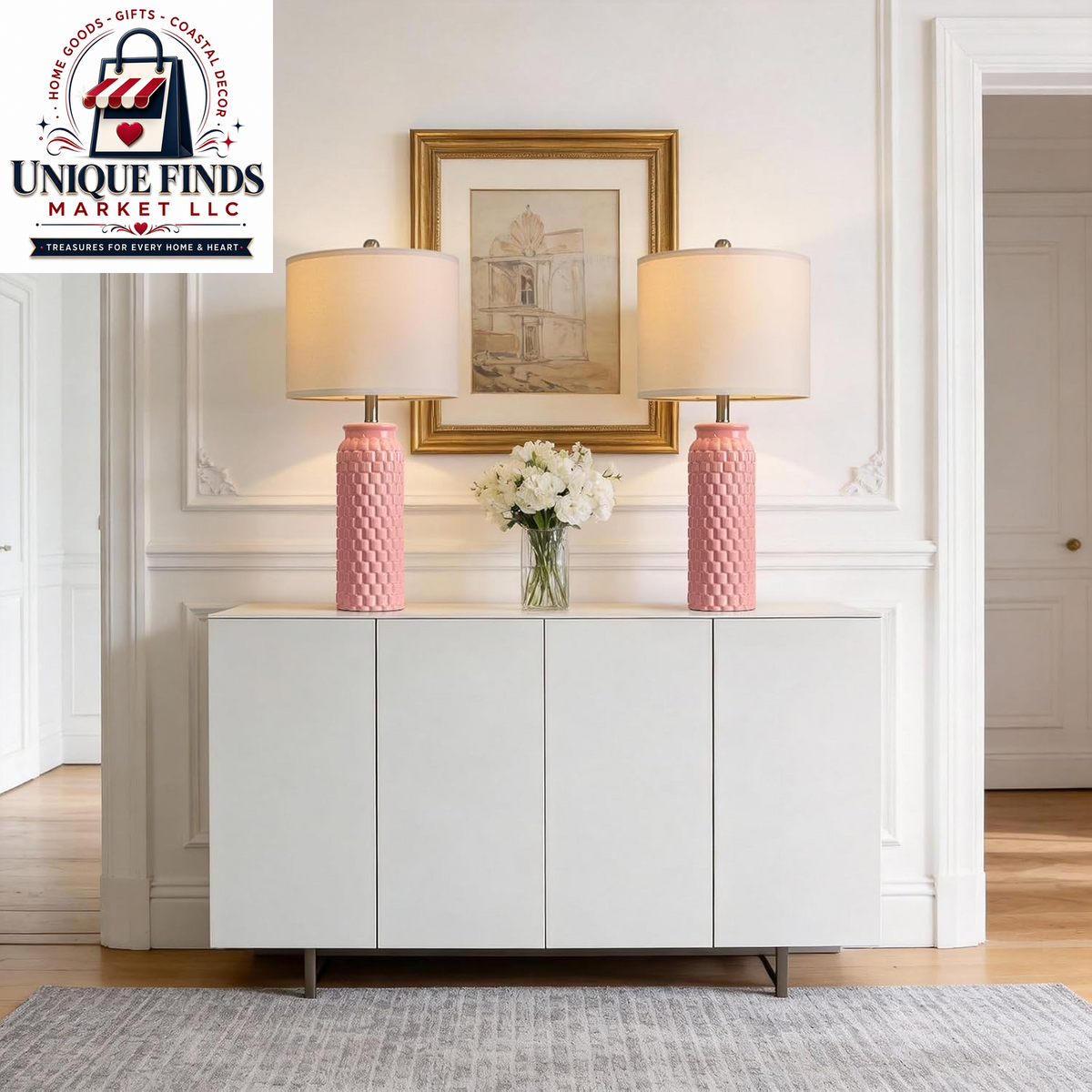 Usumkky Set of 2 27" Ceramic Table Lamps - Modern Farmhouse and Boho Style Bedside Nightstand Lighting for Bedroom and Living Room, Compact Desk Lamps (Pink)