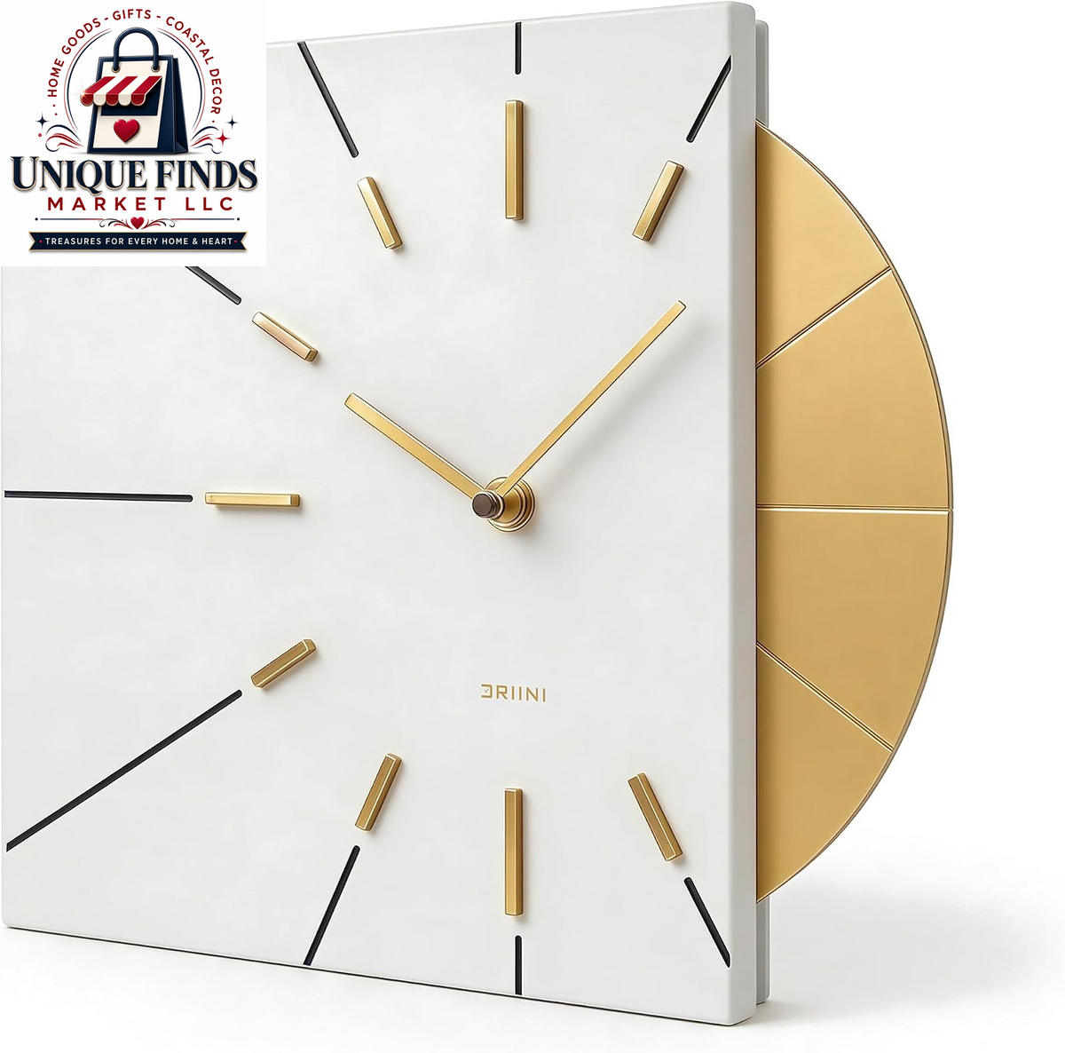 Driini White and Gold Mid-Century Modern Battery-Operated Wall Clock