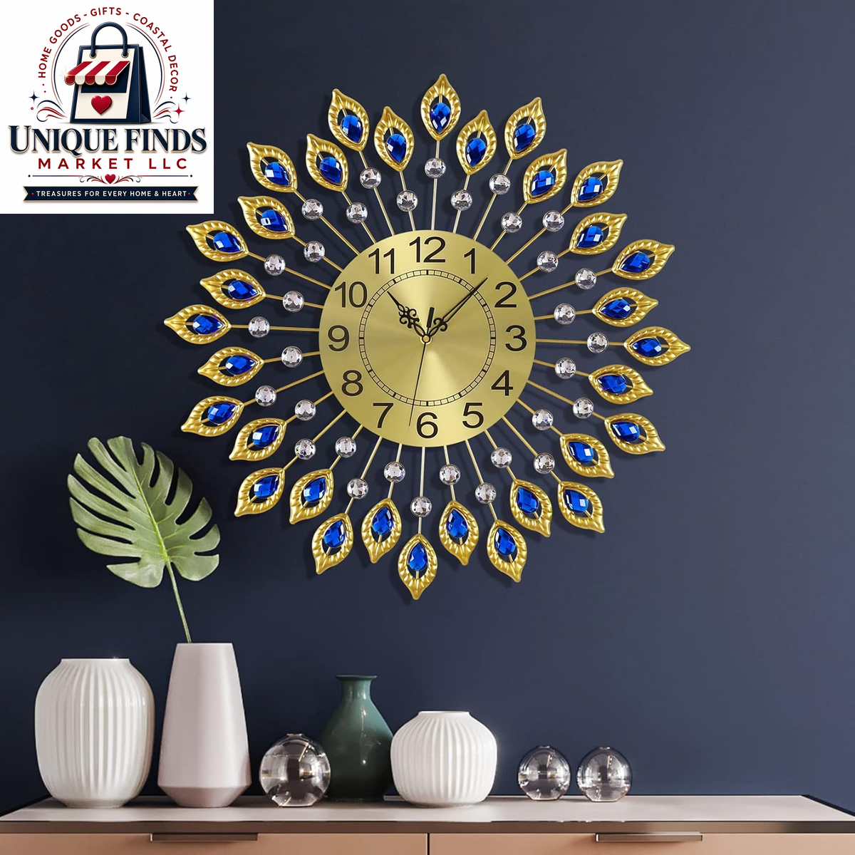 21.2-Inch Elegant Gold Large Wall Clock for Living Room Decor, Modern 3D Design with Arabic Numerals, Non-Ticking Silent Mechanism, Diamond Round Kitchen Clock