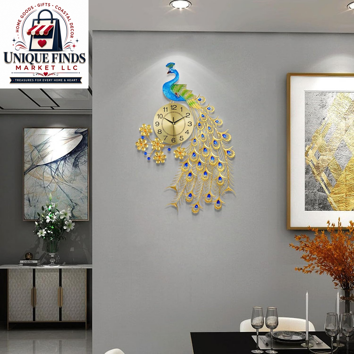 Large 31.5-Inch Metal Peacock Wall Clock - Silent Non-Ticking Digital Design for Living Room Decor in Gold