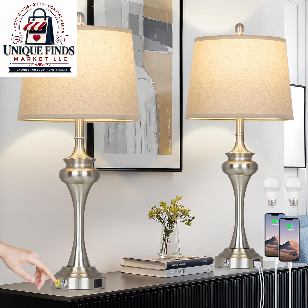 Rinweey 27-Inch Black Table Lamps Set of 2 with 3-Way Touch Control and USB A+C Ports, Modern Metal Nightstand Lamps for Living Room, Bedroom, and Office Decor