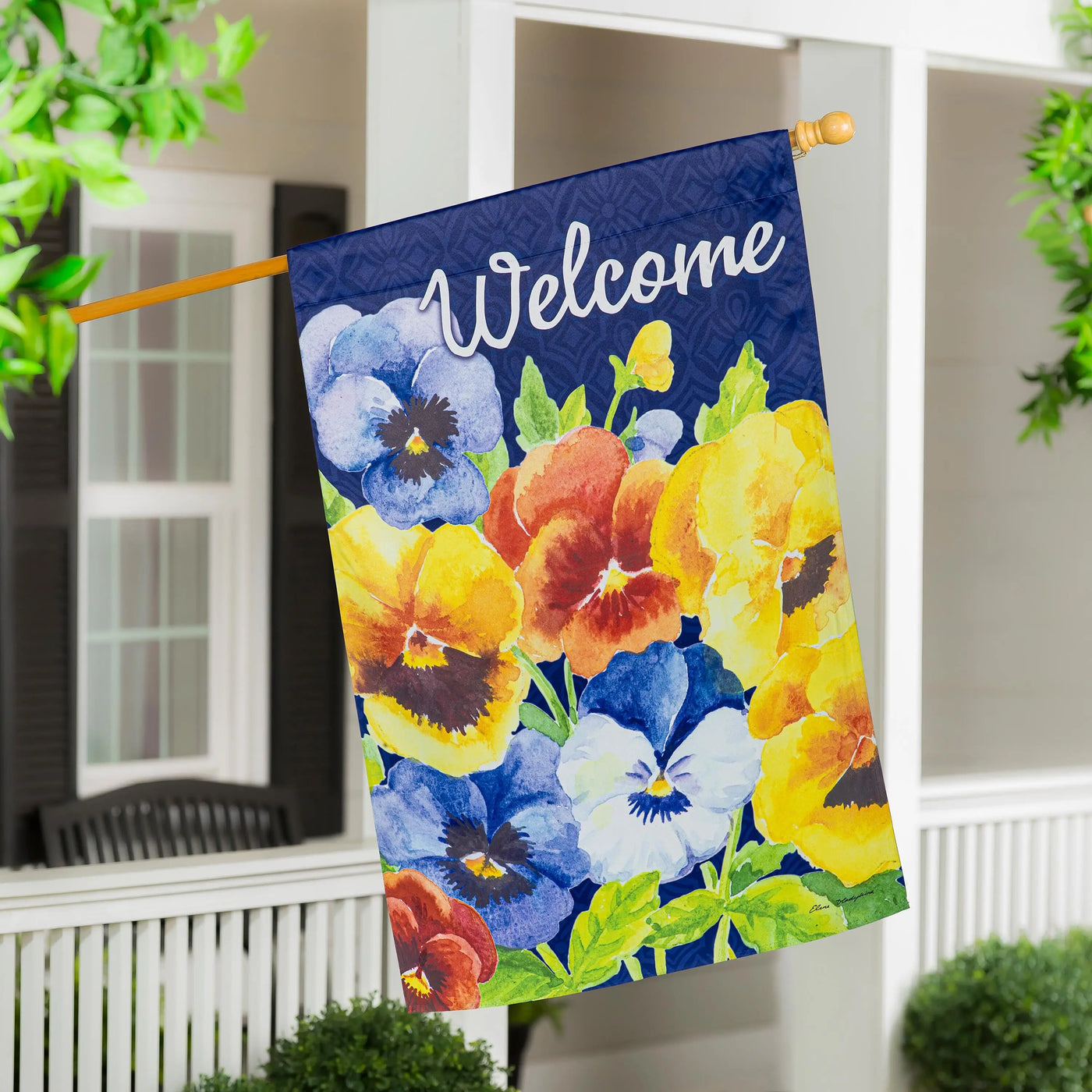 Welcome pansies suede house flag featuring vibrant blue background with colorful yellow orange and purple pansies