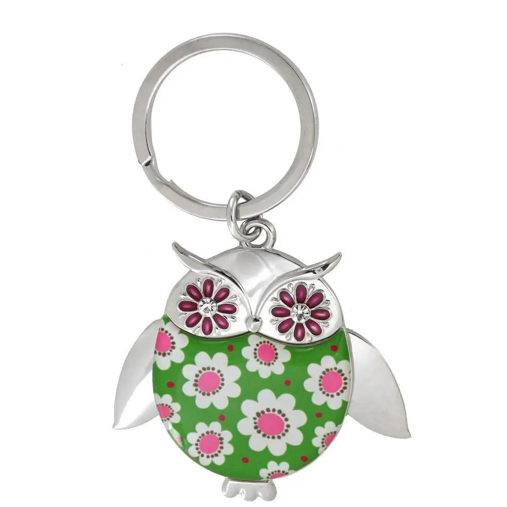 Wise in love owl keychain green enamel with white and pink floral pattern silver metal wings and maroon flower gems