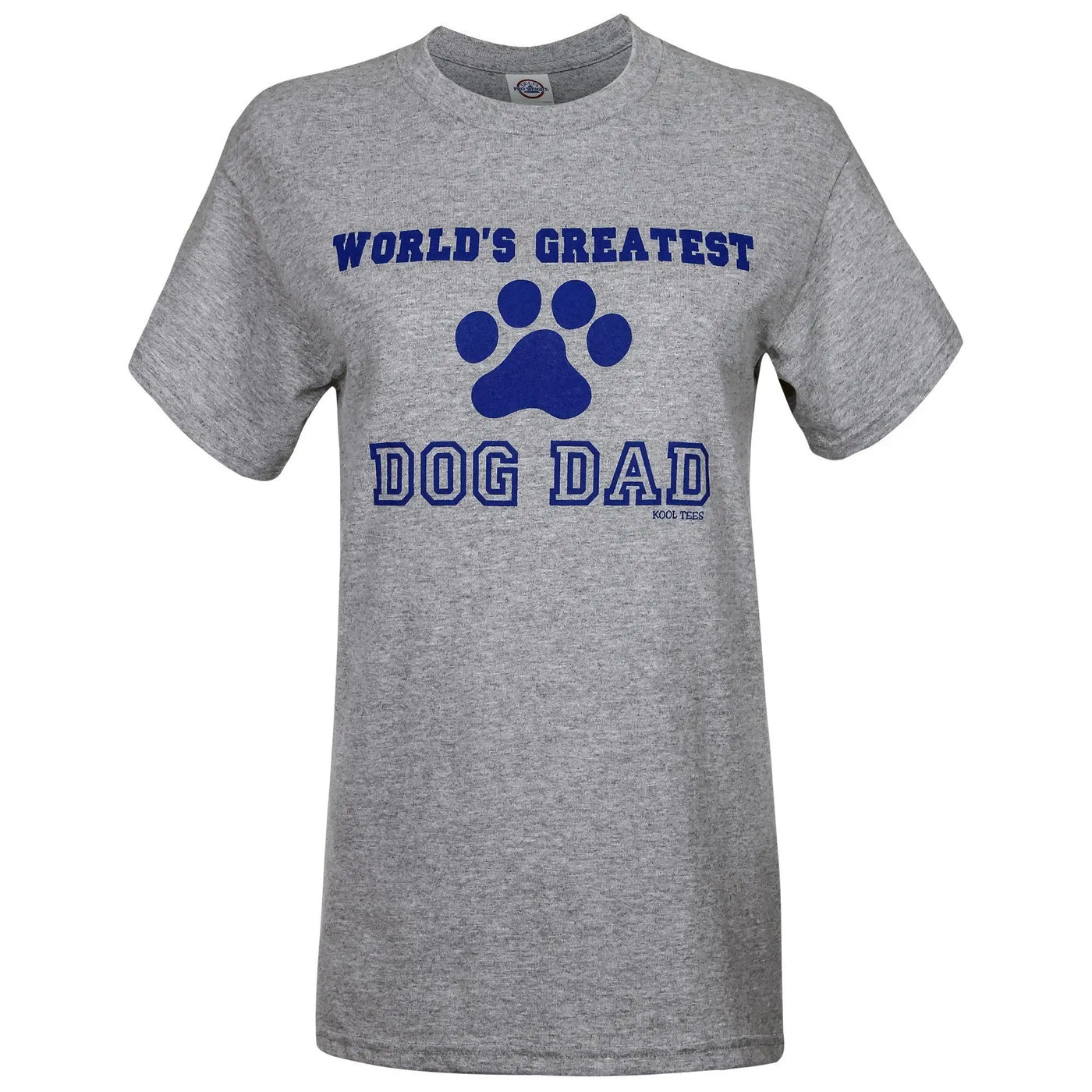 Gray heathered cotton t-shirt with navy blue world’s greatest dog dad text and paw print graphic