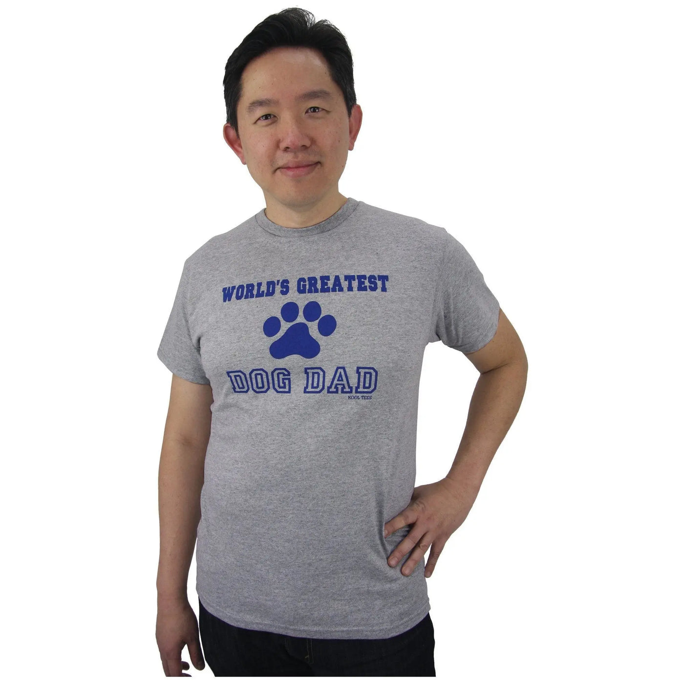 Gray heathered cotton t-shirt with blue world’s greatest dog dad graphic and paw print design