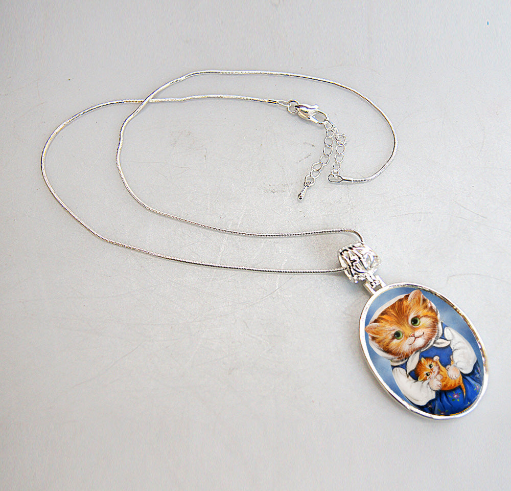 Mother Cat Silver Plated Mother of Pearl Jewelry Pendant Necklace - 44039O