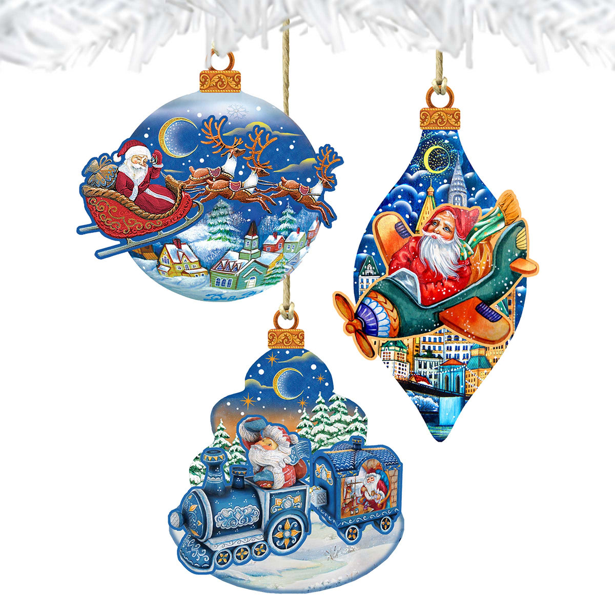Traveling Santa Wooden Ornaments Set of 3 by G. DeBrekht - Christmas Santa Snowman Décor - 8100001S3