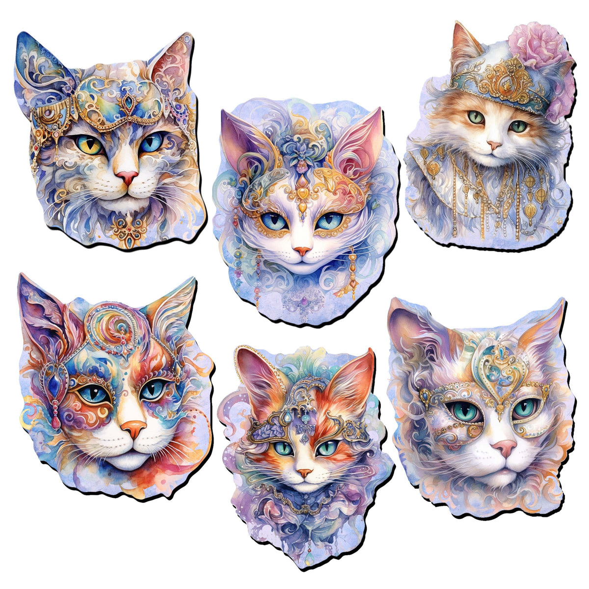 Cats Masks Clip-On Eco Wood Decorative Ornaments Set of 6 by G. Debrekht - Christmas Decor - 8090033C-S6