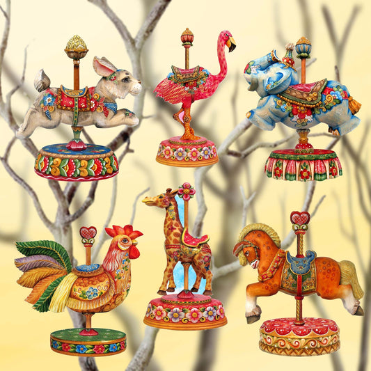 Carousel Clip-On Eco Wood Decorative Ornaments Set of 6 by G. Debrekht - Christmas Decor - 8090137C-S6