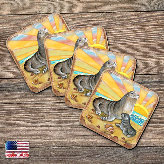 Sealion Coastal Wooden Cork Coasters Gift Set of 4 by Nature Wonders - Coastal Sea-Life Decor - 8198532-2C-S4
