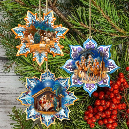 Nativity Snowflake Eco Wood Ornaments Set of 3 by G. Debrekht - Nativity Holiday Decor - 8090153-S3