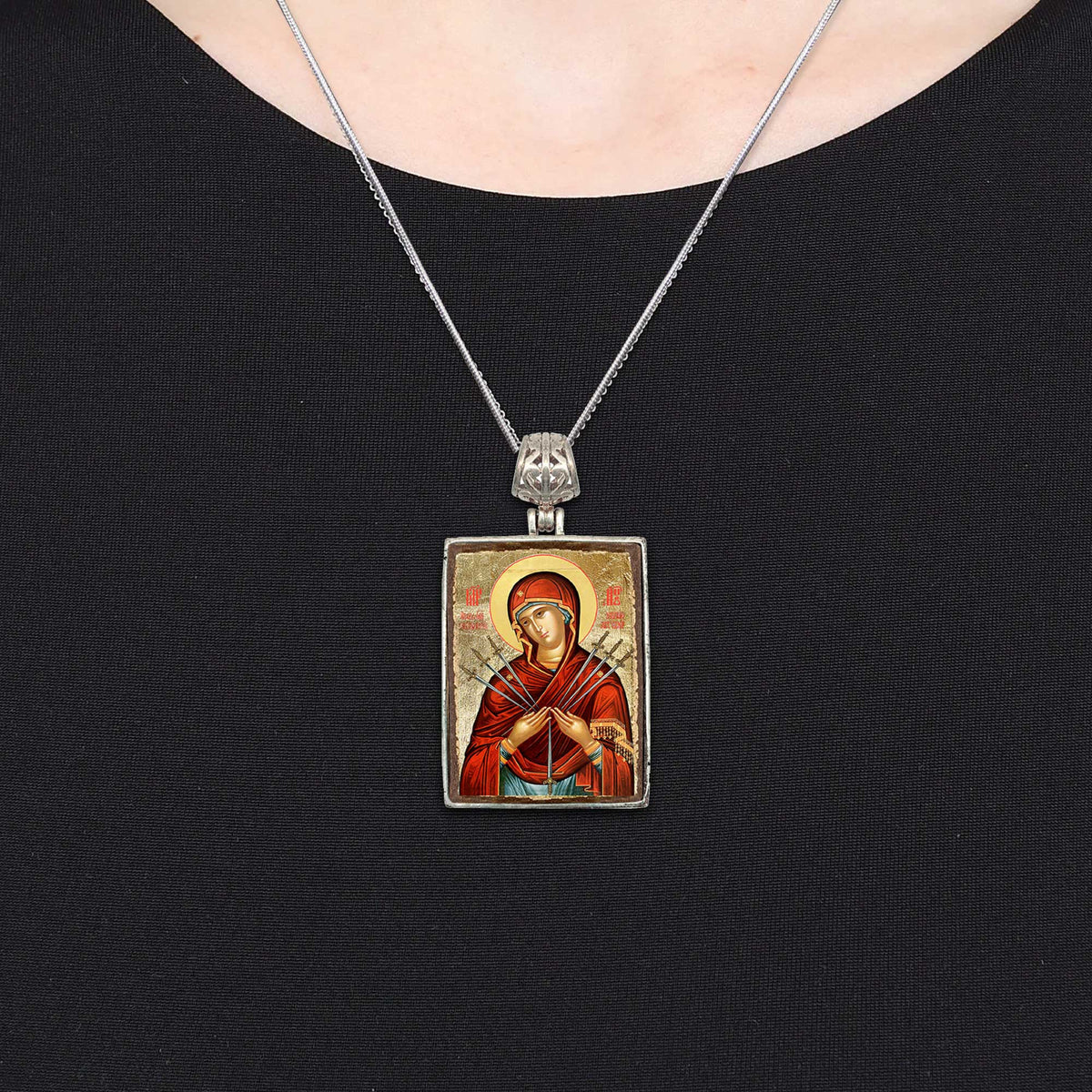 Virgin Mary of The Seven Swords Religious Jewelry Silver Plated Christian Necklace - Inspirational Icon Decor - 43037R