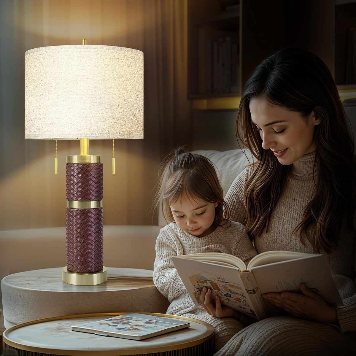 KIVDITZO Set of 2 25-Inch Woven Leather Table Lamps for Nightstands