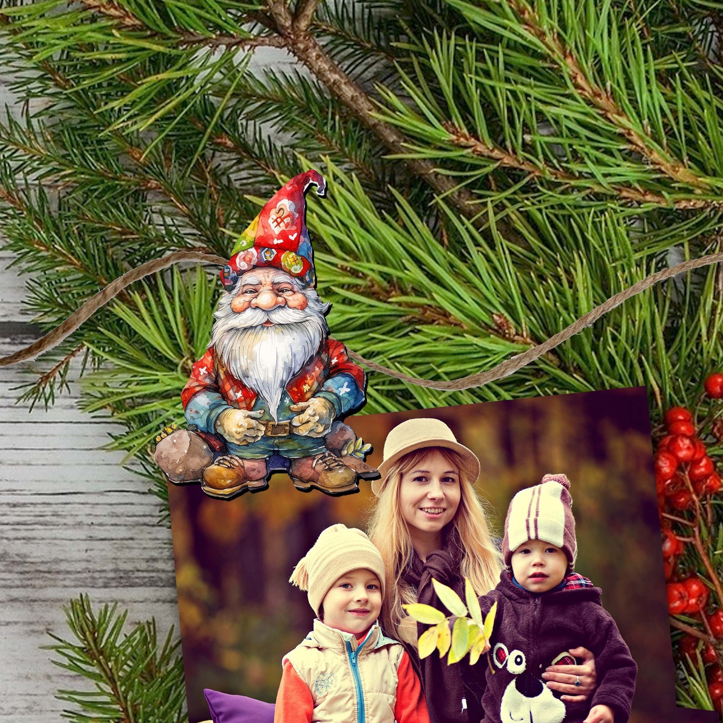 Christmas Gnomes Clip-On Eco Wood Decorative Ornaments Set by G. Debrekht - Christmas Decor - 8090031C-S6