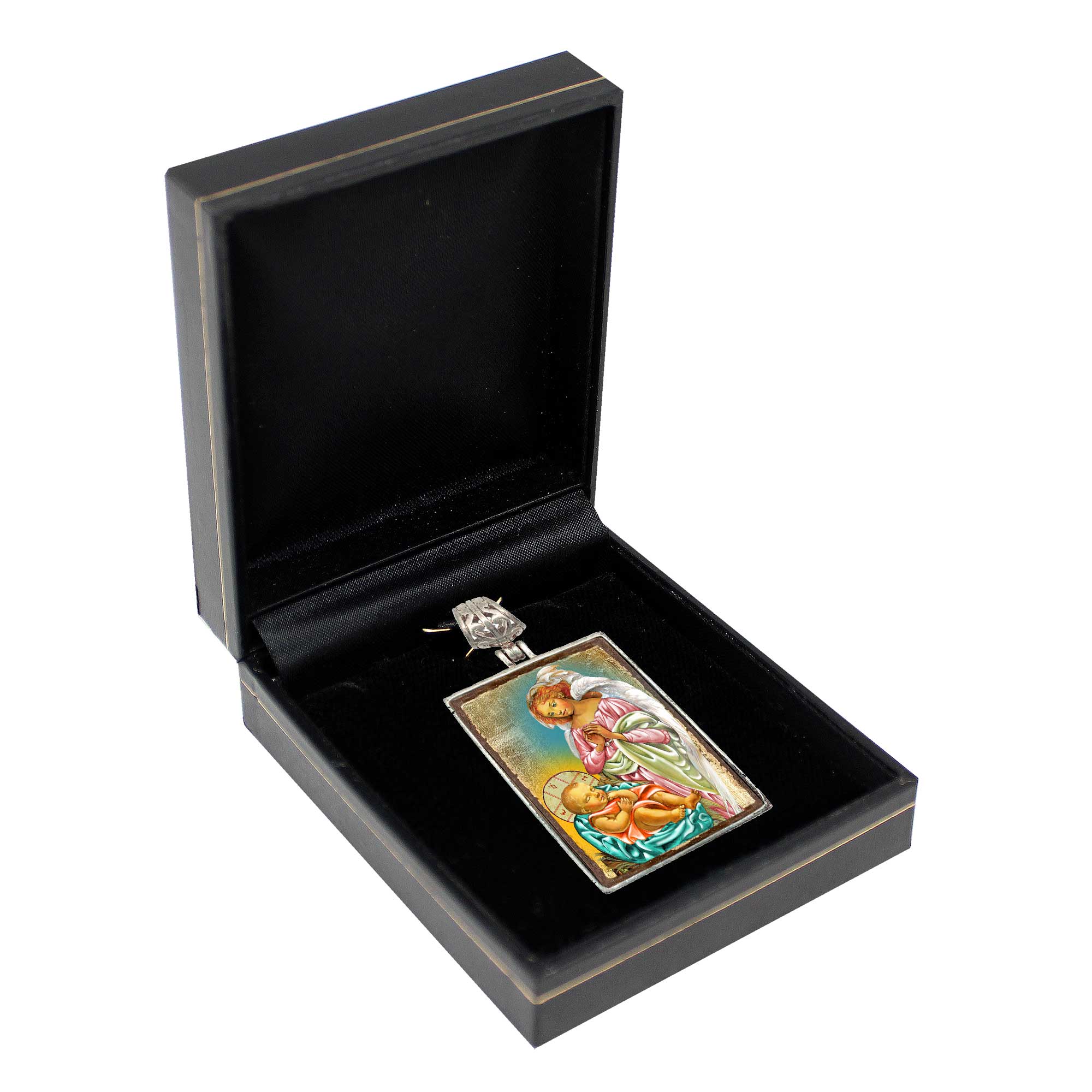 Blessing Angels Religious Jewelry Silver Plated Necklace, Gold-Plated Wooden Cabochon - Christian Sacred Icon - Inspirational Icon Decor - 43028R