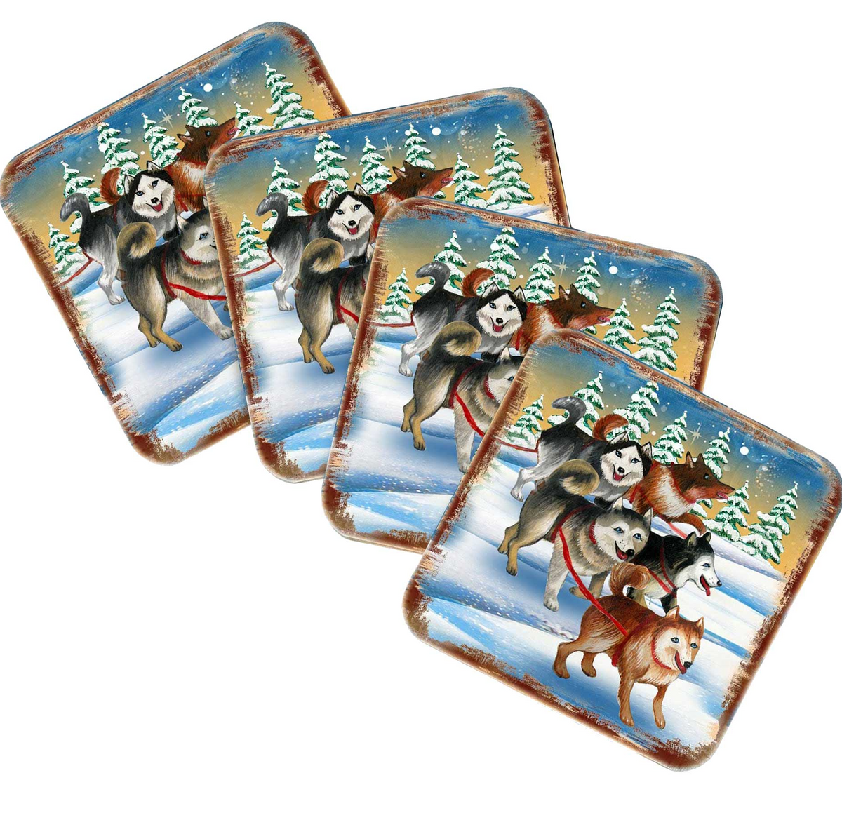 Huskies Wooden Cork Coasters Gift Set of 4 by Nature Wonders - Nature Wildlife Decor  - 95378C-S4