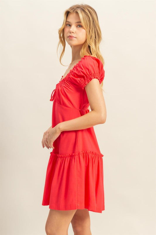 New Summer Ruched Frill Tiered Short Sleeve Mini Dress For Women – Playful, Sexy and Flirty Ruffled Mini Dress with Textured Ruched Detail