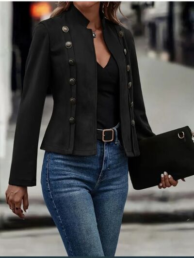 Decorative Button Open Front Long Sleeve Jacket – Elegant Casual Outerwear for Women