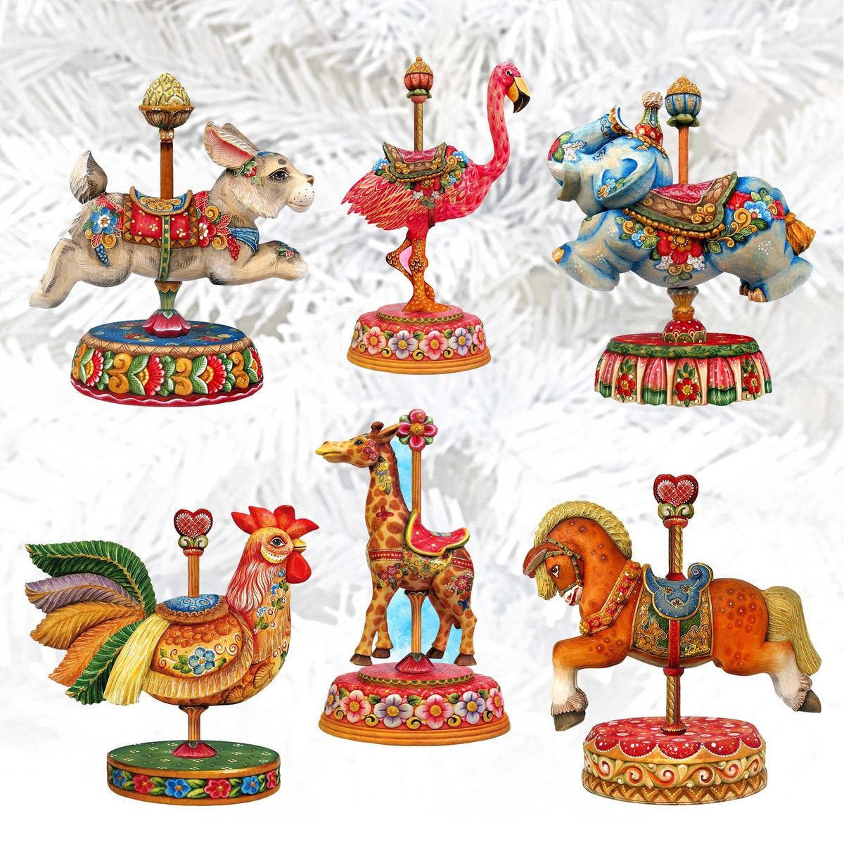 Carousel Clip-On Eco Wood Decorative Ornaments Set of 6 by G. Debrekht - Christmas Decor - 8090137C-S6