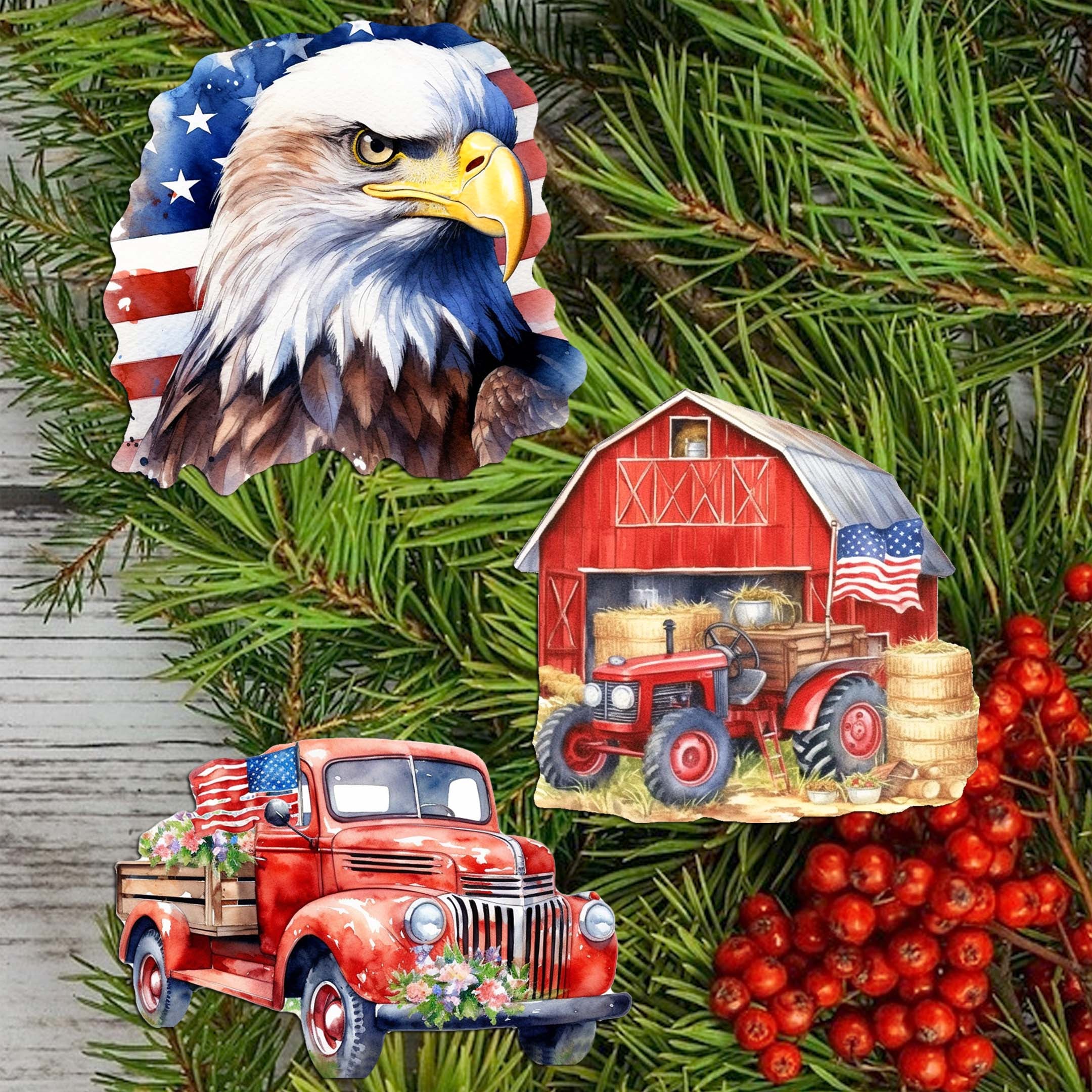 American flag Clip-On Eco Wood Decorative Ornaments Set of 3 by G. Debrekht - Patriotic Decor - 8091002C-S3