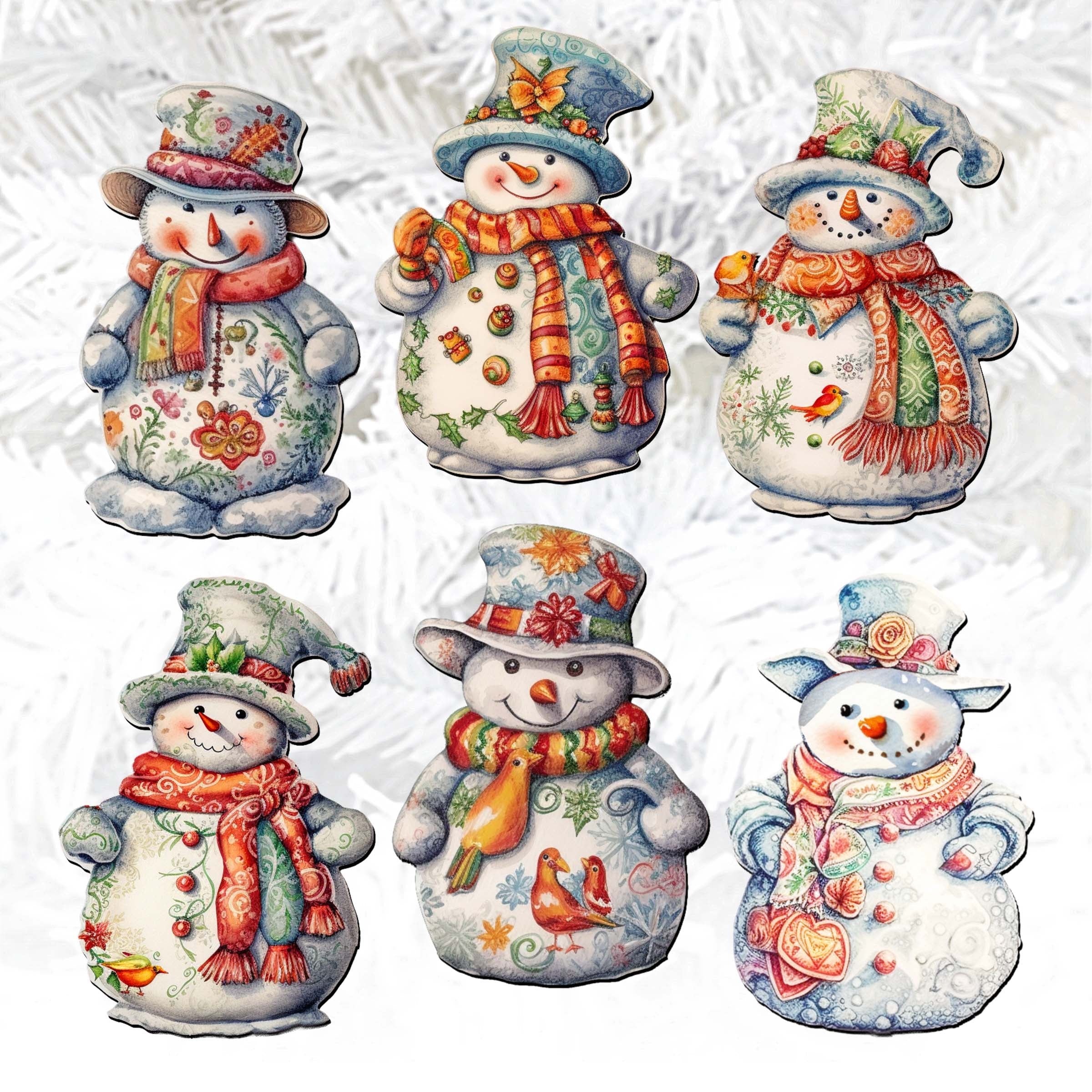 Snowman Clip-On Eco Wood Decorative Ornaments Set of 6 by G. Debrekht - Christmas Decor - 8090023C-S6