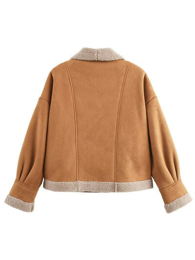 Fuzzy Collared Neck Long Sleeve Jacket with Buttoned Closure and Cozy Pockets