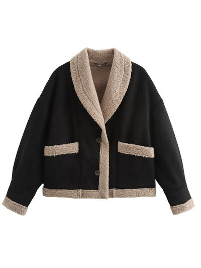 Fuzzy Collared Neck Long Sleeve Jacket with Buttoned Closure and Cozy Pockets