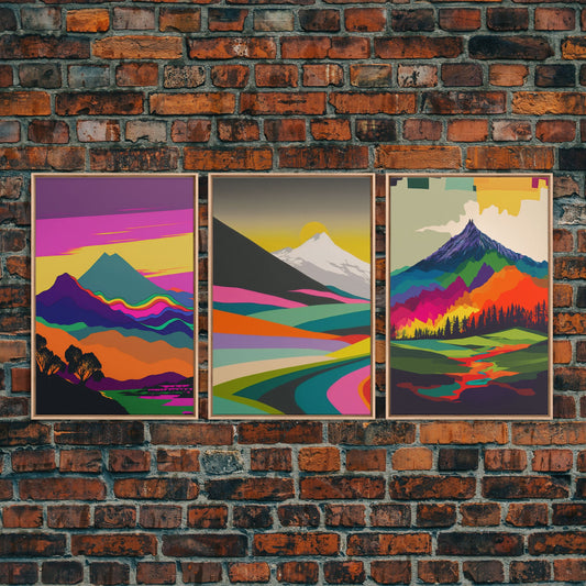 Psychedelic Surrealist Mountain Landscape, Trippy Art, Framed Canvas Prints, 3 Panel / 3 Piece Triptych Art, Colorful Living Room Decor