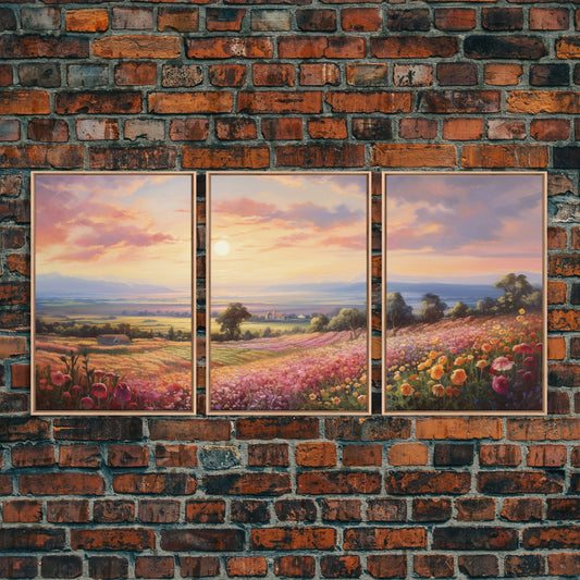 French Countryside Art, 3 Panel Art, Framed Canvas Prints, Extra Large Wall Art, Boho Minimalist Centerpiece Art, Huge Art Painting