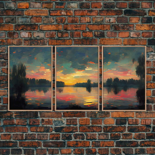 Lakehouse Canvas Print, watercolor painting of a sunset reflected on a lake, 3 Piece Wall Art, Ready To Hang Canvas Print