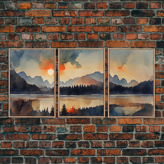 Watercolor Painting Of A Sunrise, Orange Forest and Mountain Landscape, 3 Piece Canvas Decor, 3 Piece Wall Art, Ready To Hang Canvas Prints