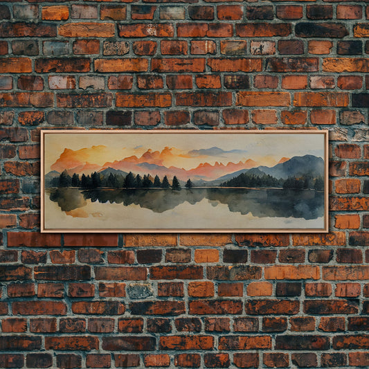 Unique watercolor painting of a forest fire, panoramic canvas print, ready to hang, gloomy wall decor