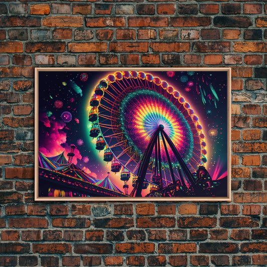 Colorful boardwalk art, neon lit night time ferris wheel, framed canvas print, framed wall art