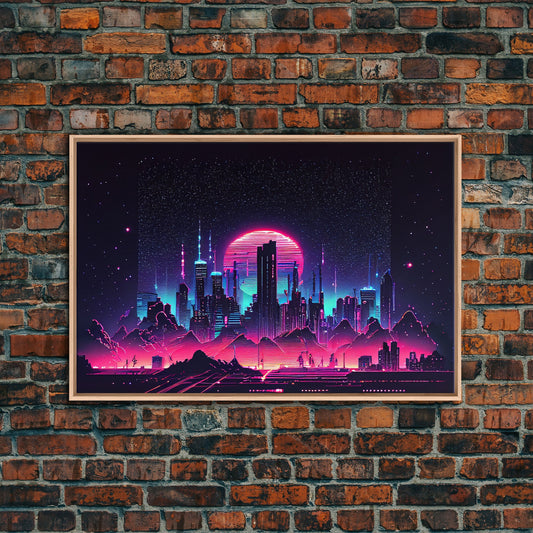 Cyberpunk city skyline superimposed over a sunset, synthwave style dystopian  art, framed canvas print